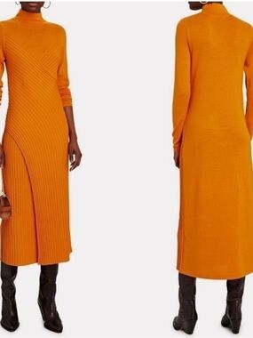 AMUR Leticia Ribbed Wool Turtleneck Midi Dress - Orange